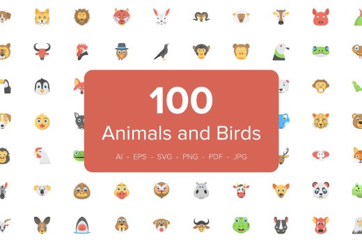 扁平化的动物和鸟的图标 100 Flat Animals a