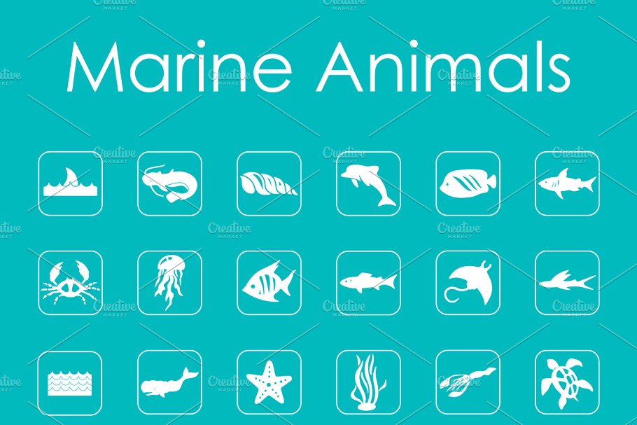 海洋动物简单的图标 Set of marine animal