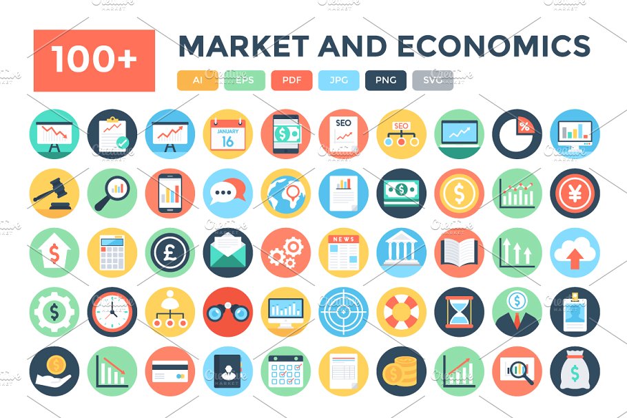 市场和经济图标 100  Flat Market and E