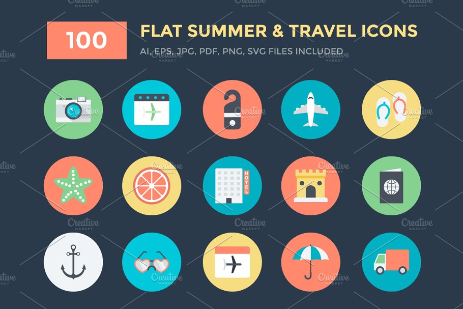 暑假旅行图标素材 100 Flat Summer and T