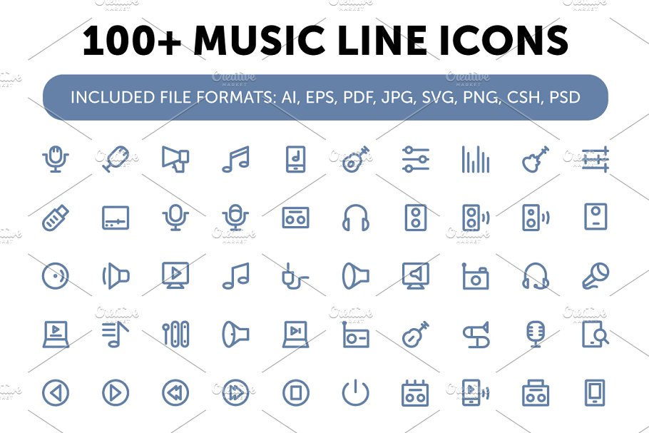 音乐矢量图标素材 100  Music Line Icons