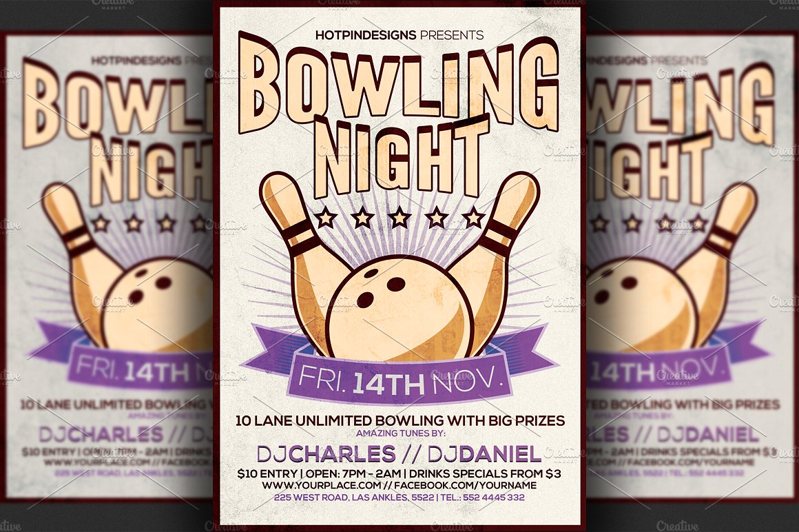 保龄球活动海报设计模板 Bowling Night Flye