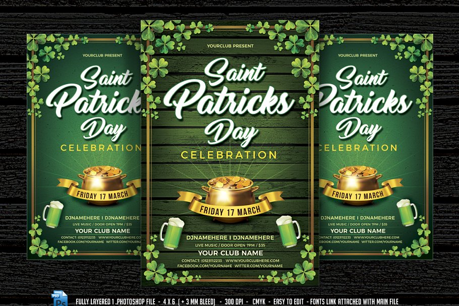圣帕特里克节绿色派对海报设计模板 Saint Patrick
