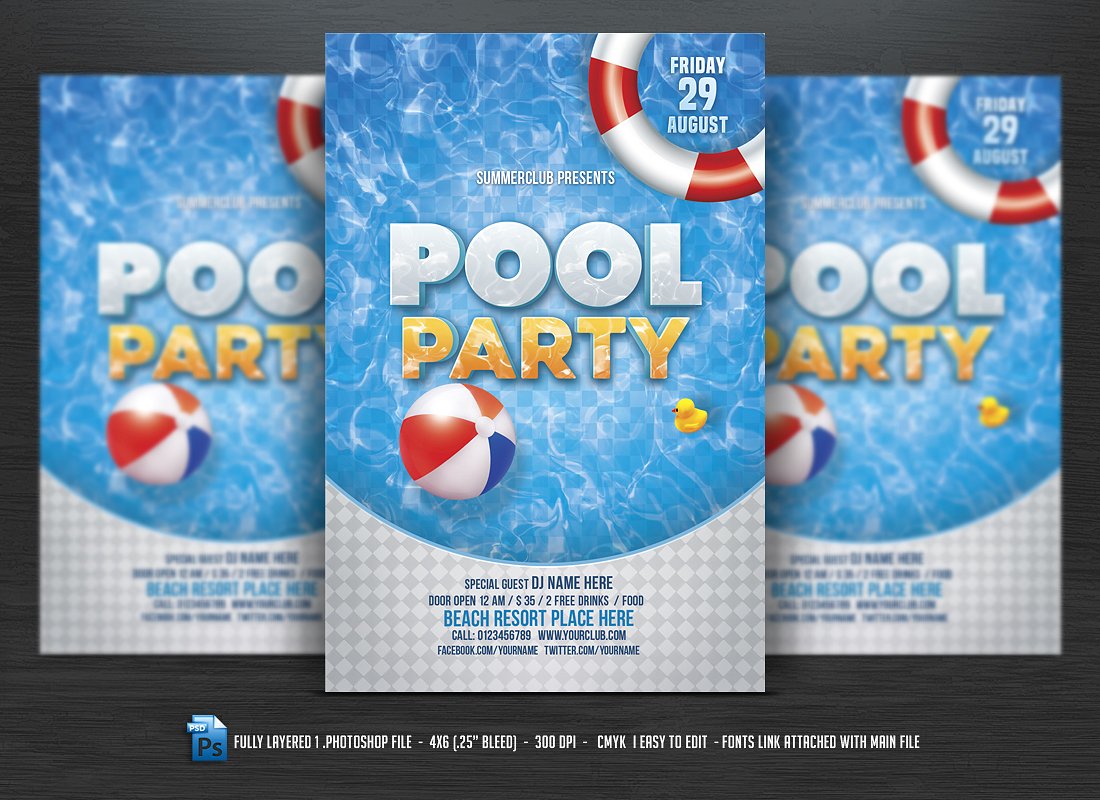 夏天游泳池画册海报模板 Pool Party Flyer #