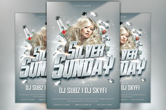 银色庆祝海报设计模板 Silver Sunday Club