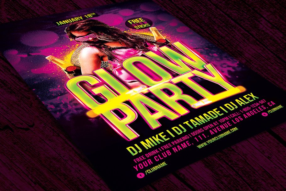 舞会派对宣传单模板 Glow Party Flyer Tem