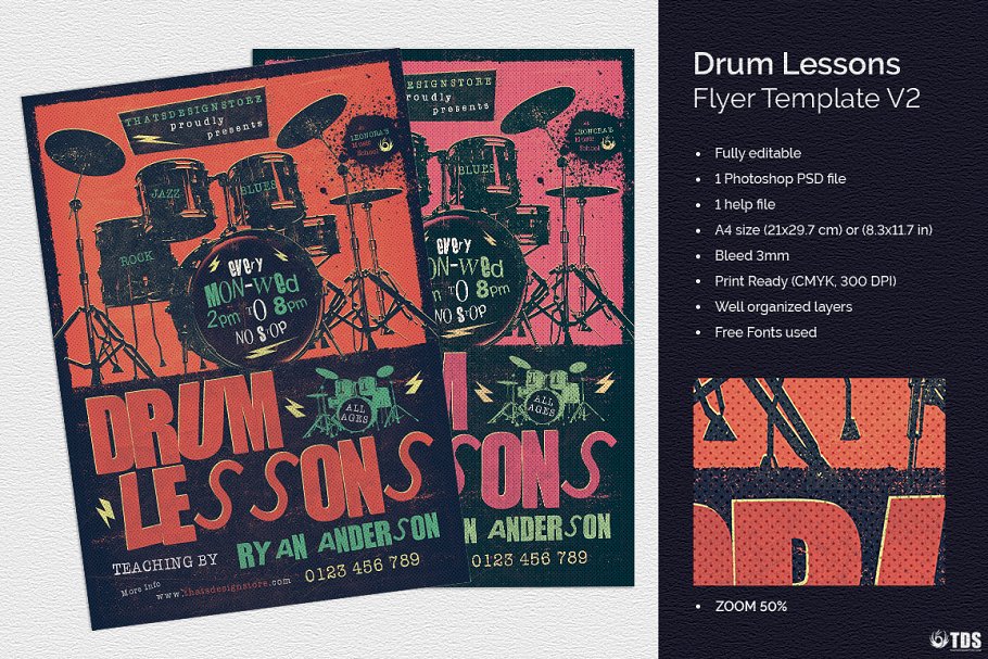 击鼓课程海报模板 Drum Lessons Flyer #8