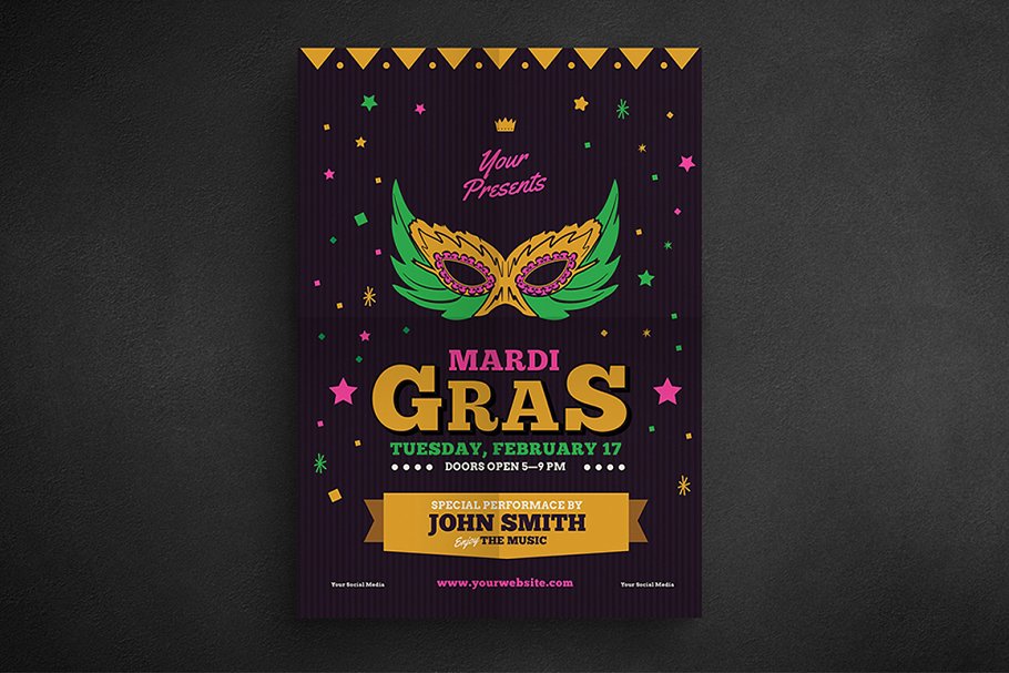 狂欢节面具化妆舞会活动海报传单模板 Mardi Gras E