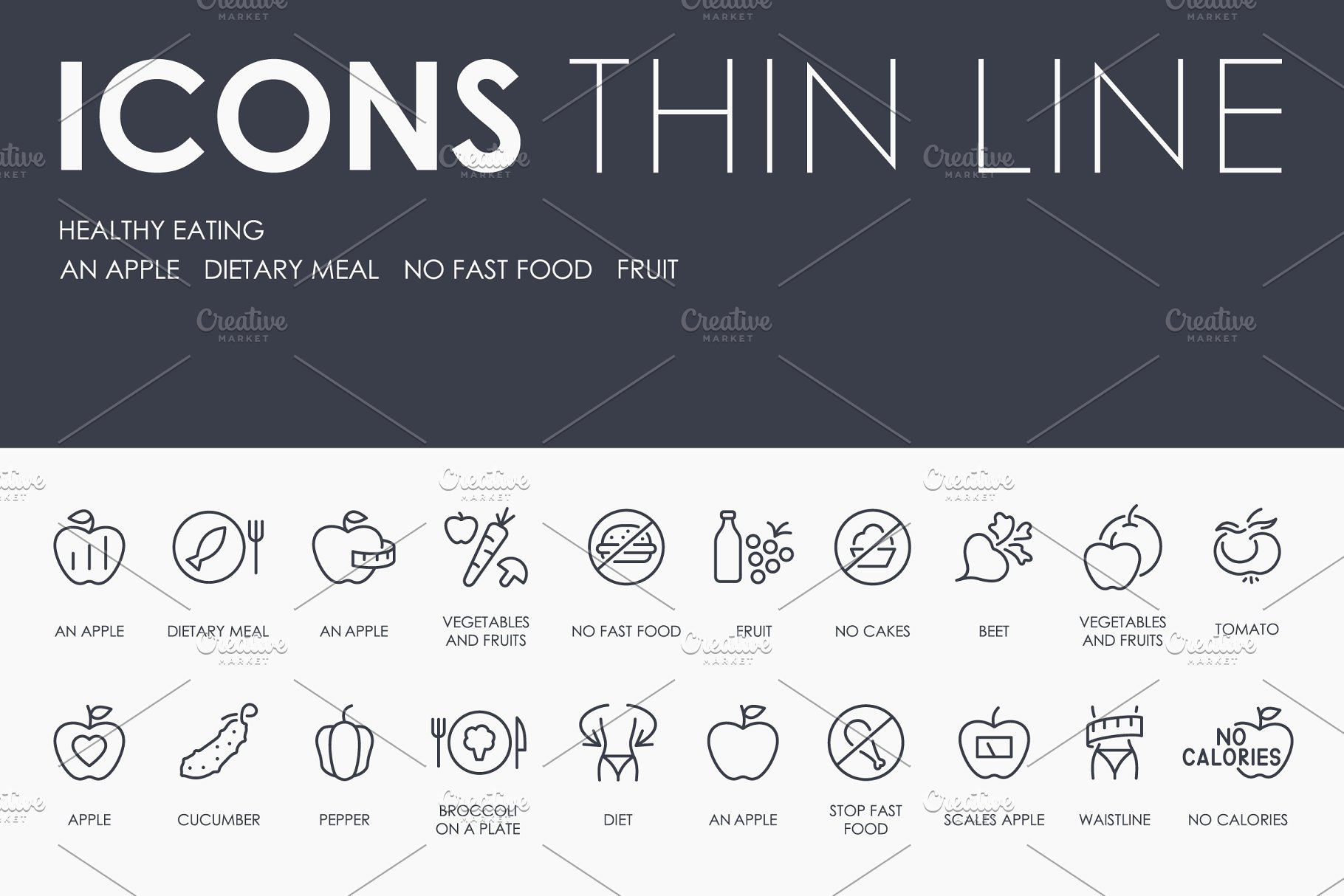 健康饮食线型图标套装 Healthy eating thin