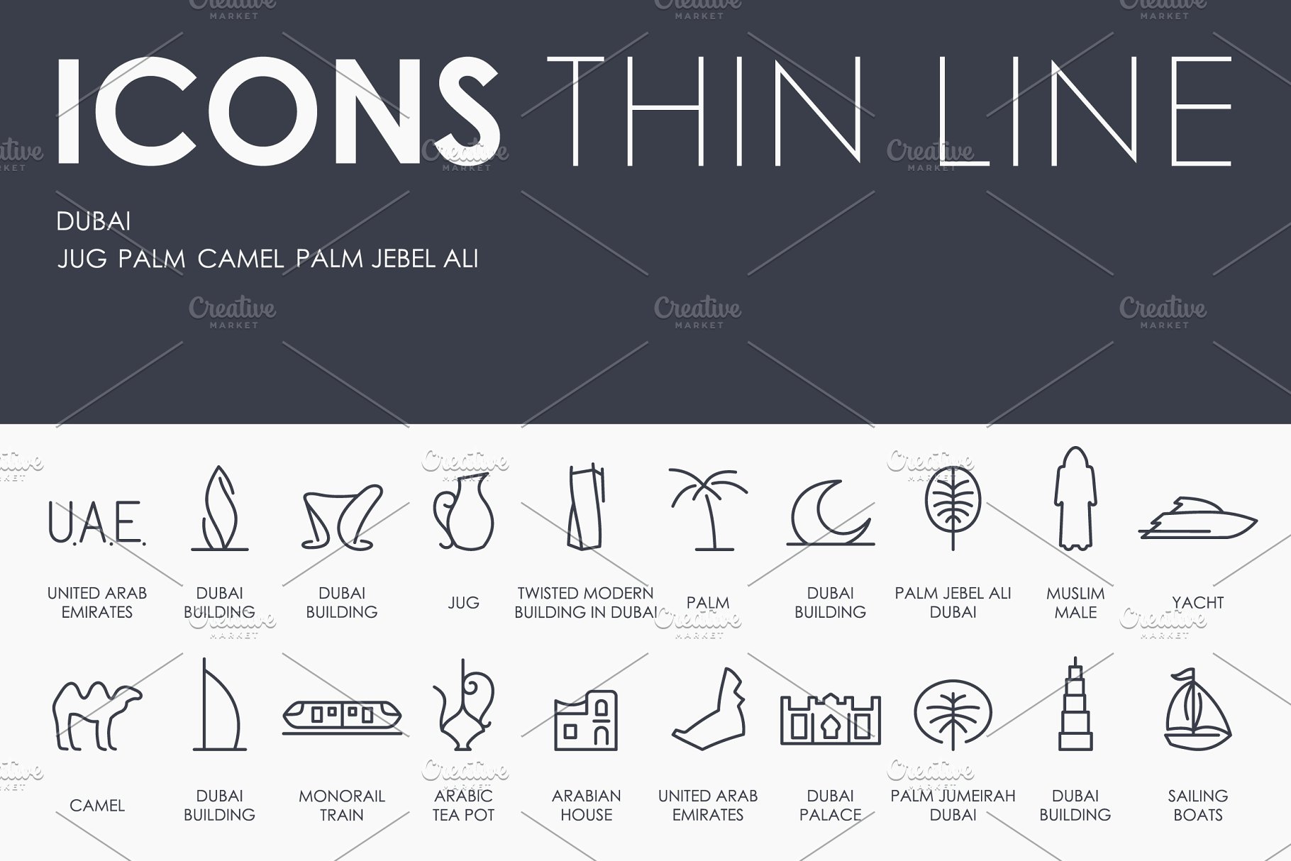 简约的迪拜建筑元素图标套装 Dubai thinline i