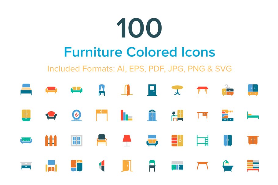 上色的室内家具图标 100 Furniture Colore