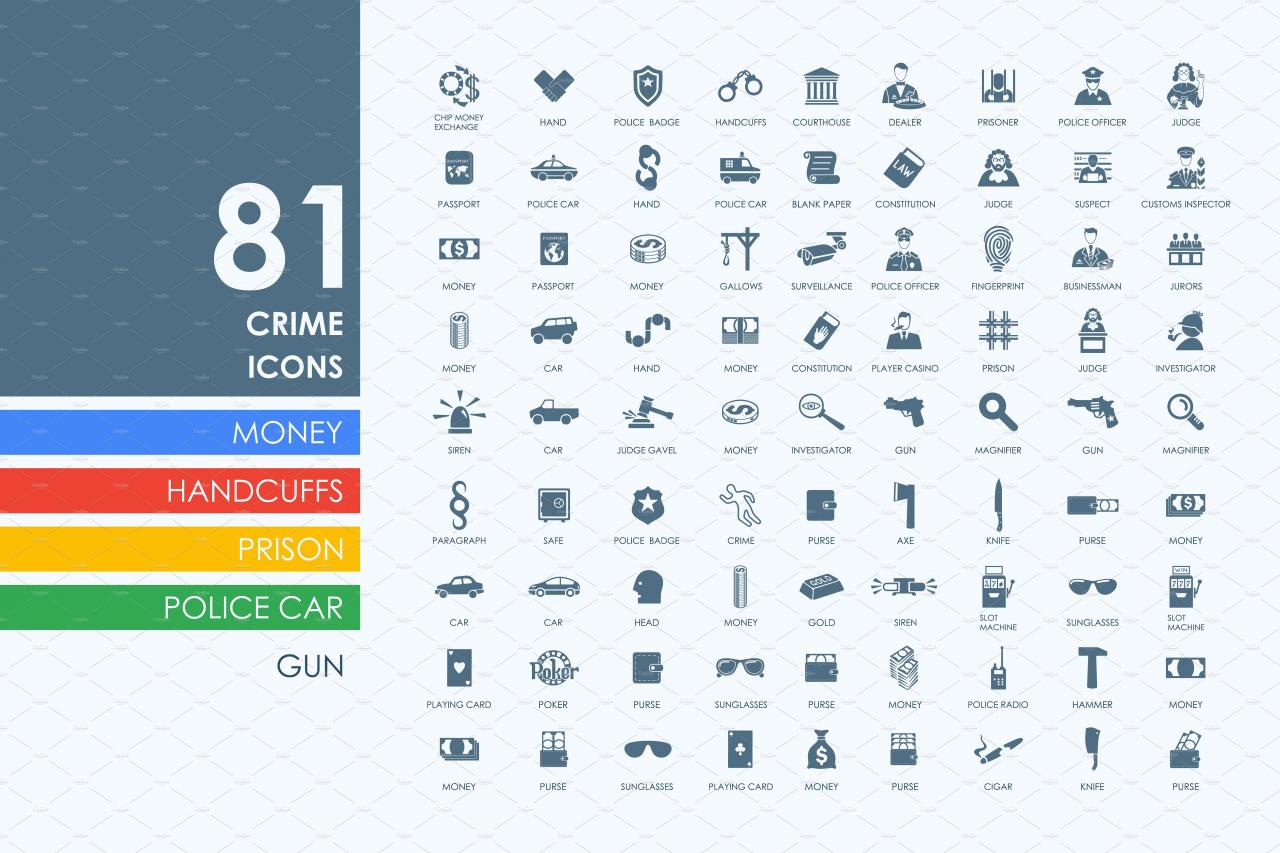犯罪监狱警察主题图标集 Set of crime icons
