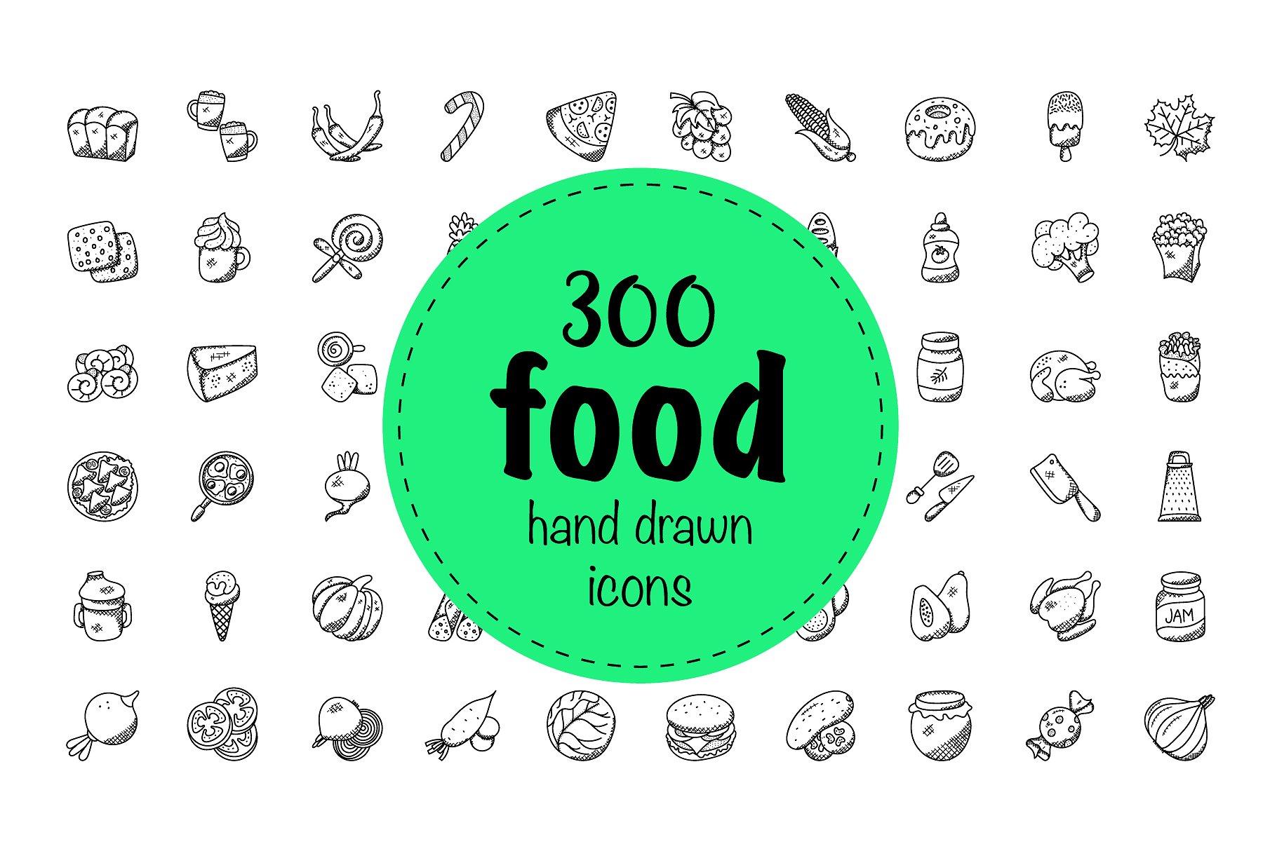 手绘食物图标 300 Food Hand Drawn Doo