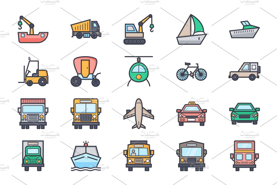 扁平化的交通工具图标Flat Transport Icons