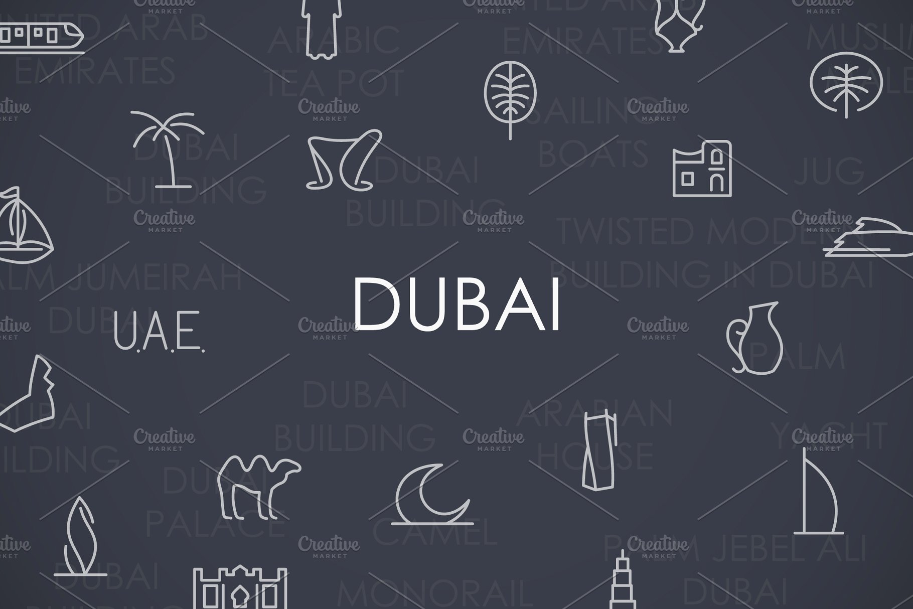 简约的迪拜建筑元素图标套装 Dubai thinline i