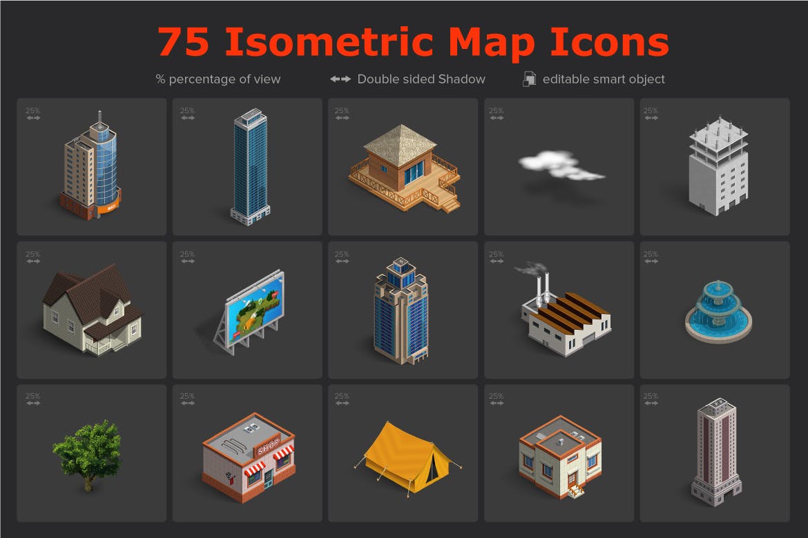 高品质的等距映射建筑地图图标 isometric-map-i
