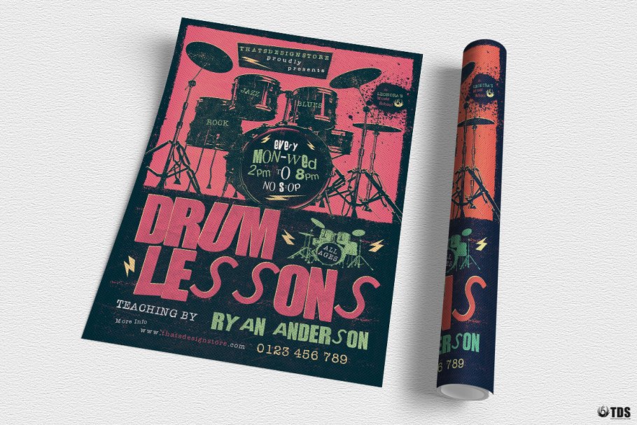 击鼓课程海报模板 Drum Lessons Flyer #8