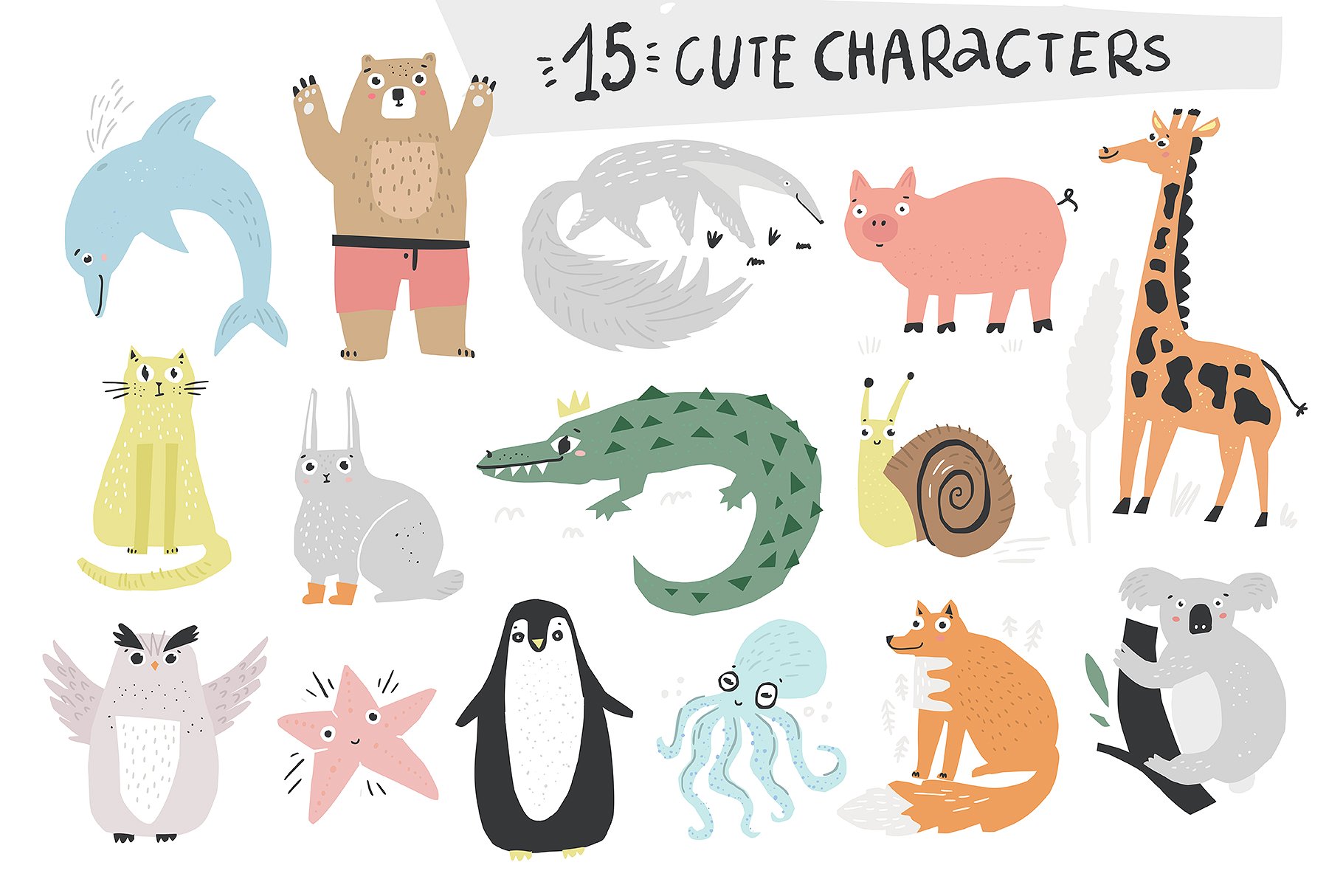 16个超级可爱动物字母剪纸纹理插图元素 #317468