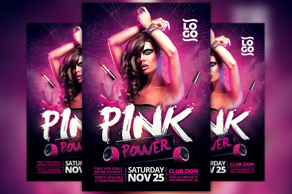 粉红色的力量派传单海报模板 Pink Power Party