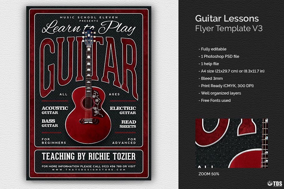 吉他课程传单海报PSD Guitar Lessons Fly