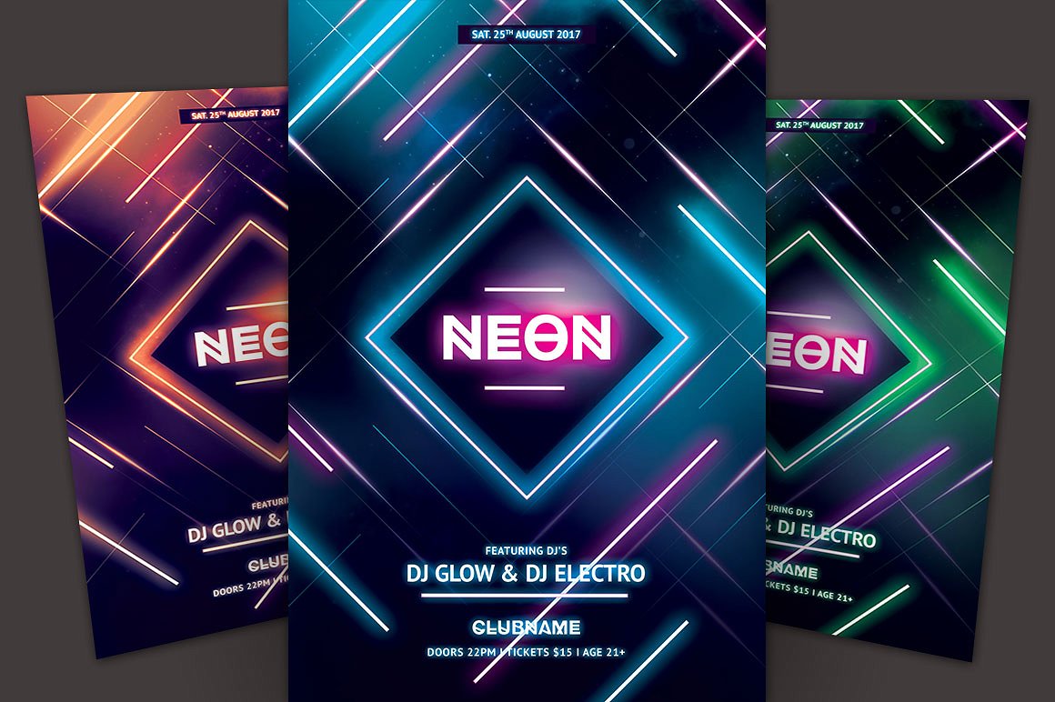 霓虹灯宣传单模板 Neon Flyer Template #