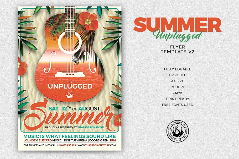 夏天吉他海报模板v2 Summer Unplugged Fl