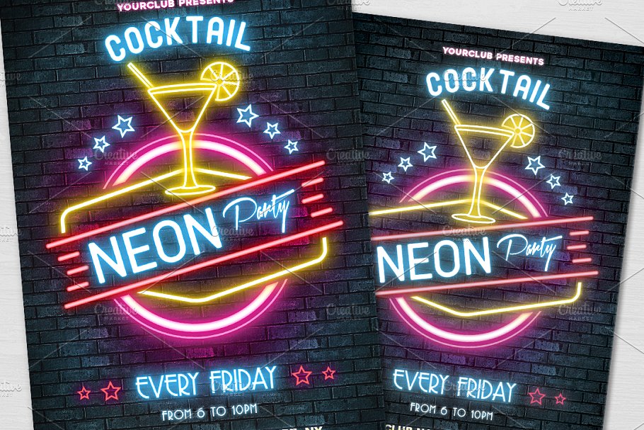 霓虹灯鸡尾酒会宣传单 Neon Cocktail Party