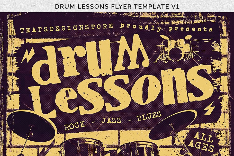 鼓课海报PSD插画模板V1 Drum Lessons Fly