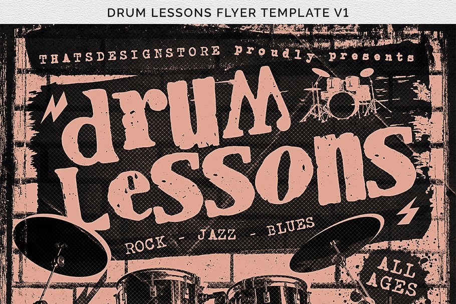 鼓课海报PSD插画模板V1 Drum Lessons Fly