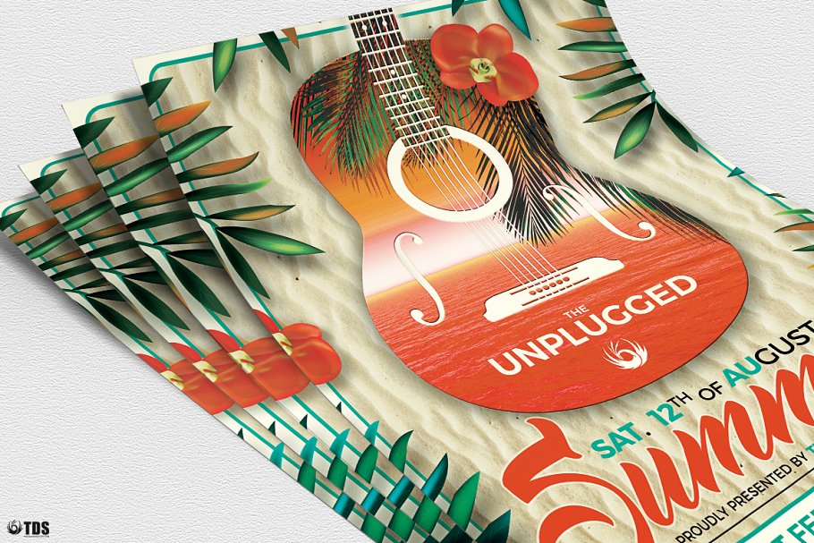 夏天吉他海报模板v2 Summer Unplugged Fl