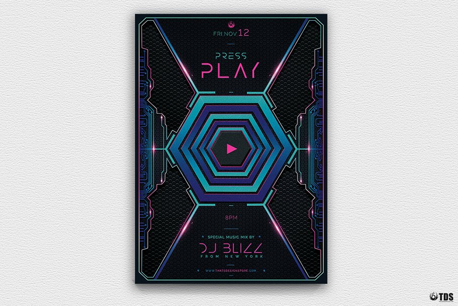 科幻游戏海报模板 Press Play Flyer #130