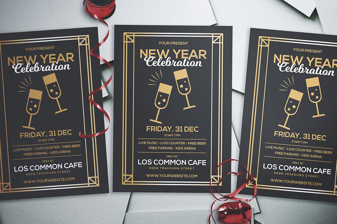 时尚高端简约大气的黑金质感的新年圣诞节海报派对new-yea