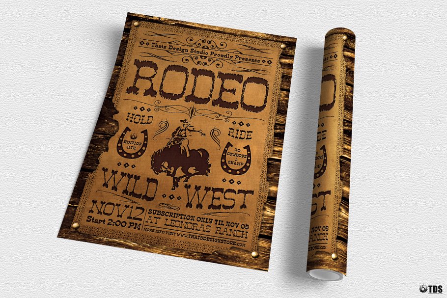 美国西部牛仔怀旧海报模版 Western Rodeo Fly