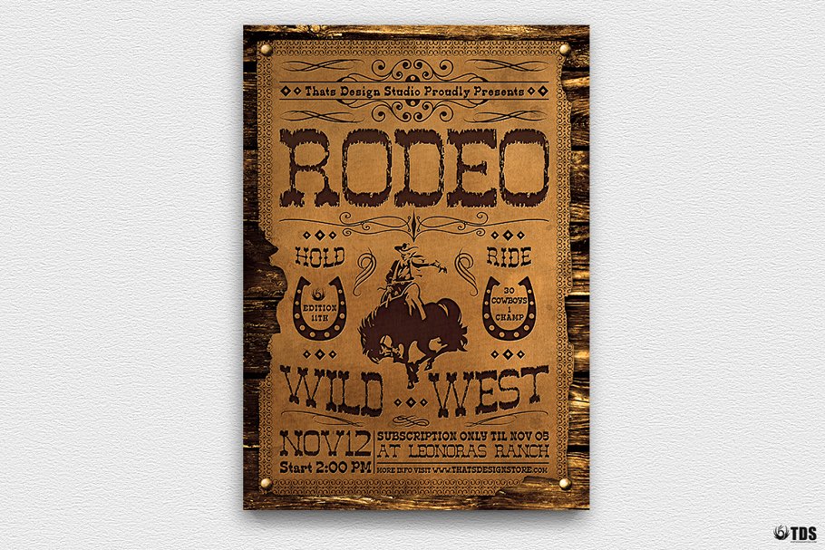 美国西部牛仔怀旧海报模版 Western Rodeo Fly