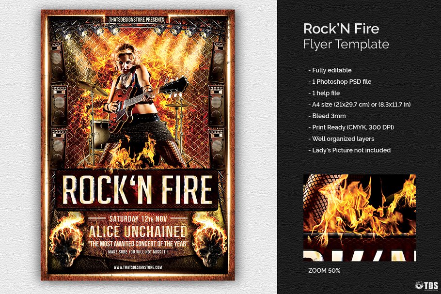 摇滚音乐海报模版 Rock’N Fire Live Flye