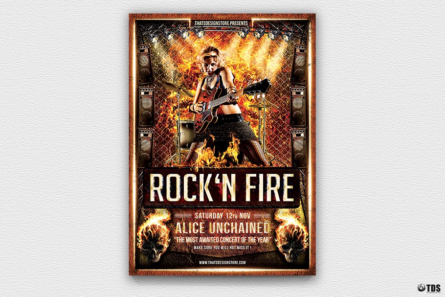 摇滚音乐海报模版 Rock’N Fire Live Flye