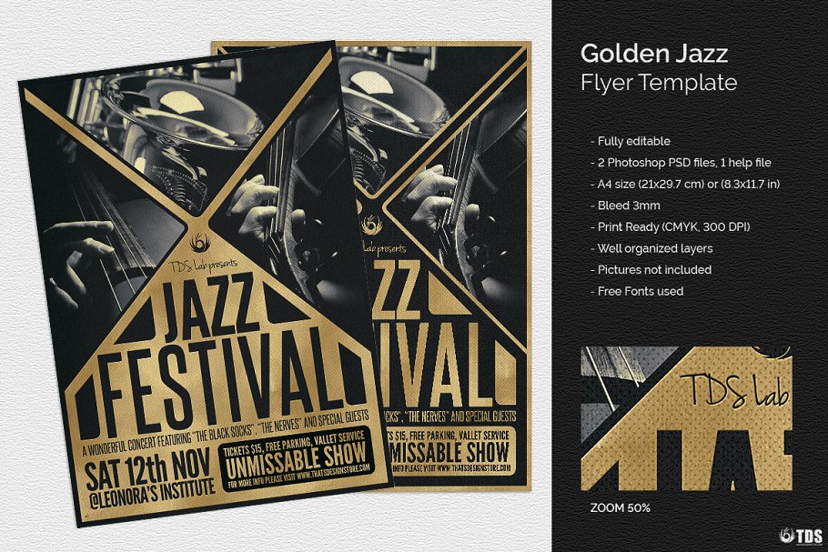 金色JAZZ爵士音乐海报门票模板 Golden Jazz F