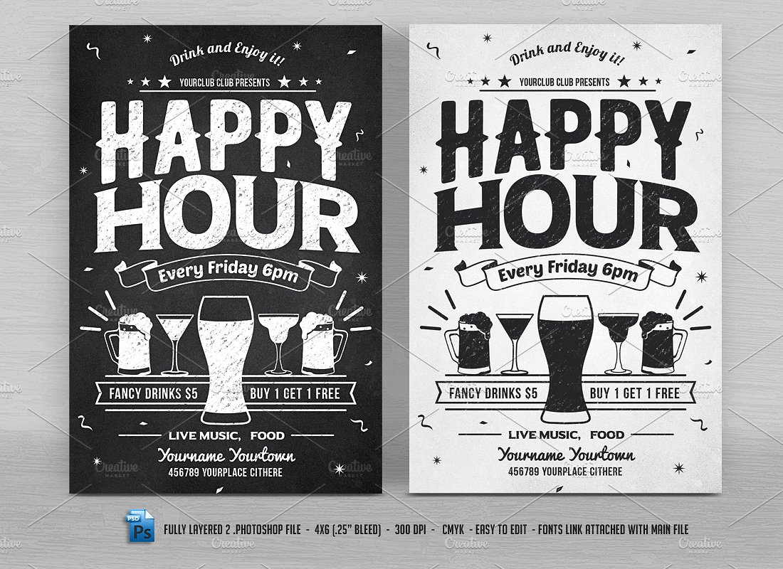 欢乐主题的酒吧海报模板 Happy Hour Flyers