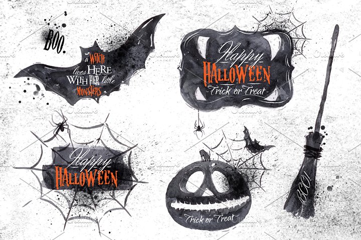 手绘水彩万圣节节日元素矢量图形 Halloween-set