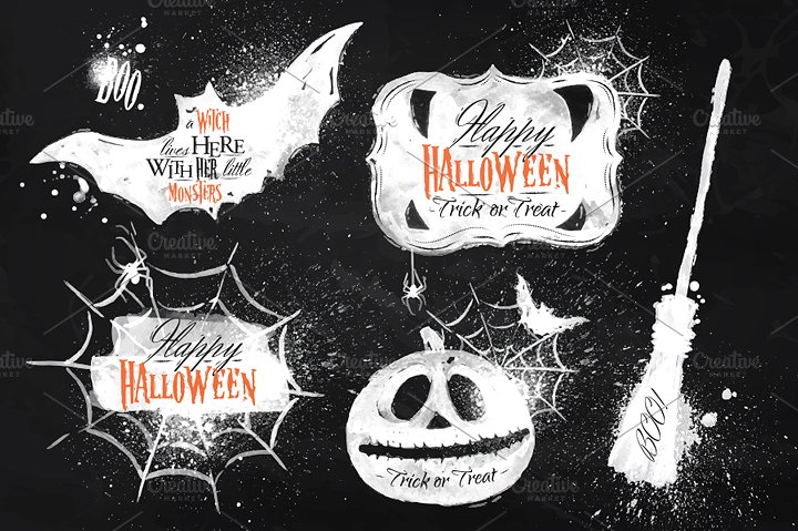 手绘水彩万圣节节日元素矢量图形 Halloween-set