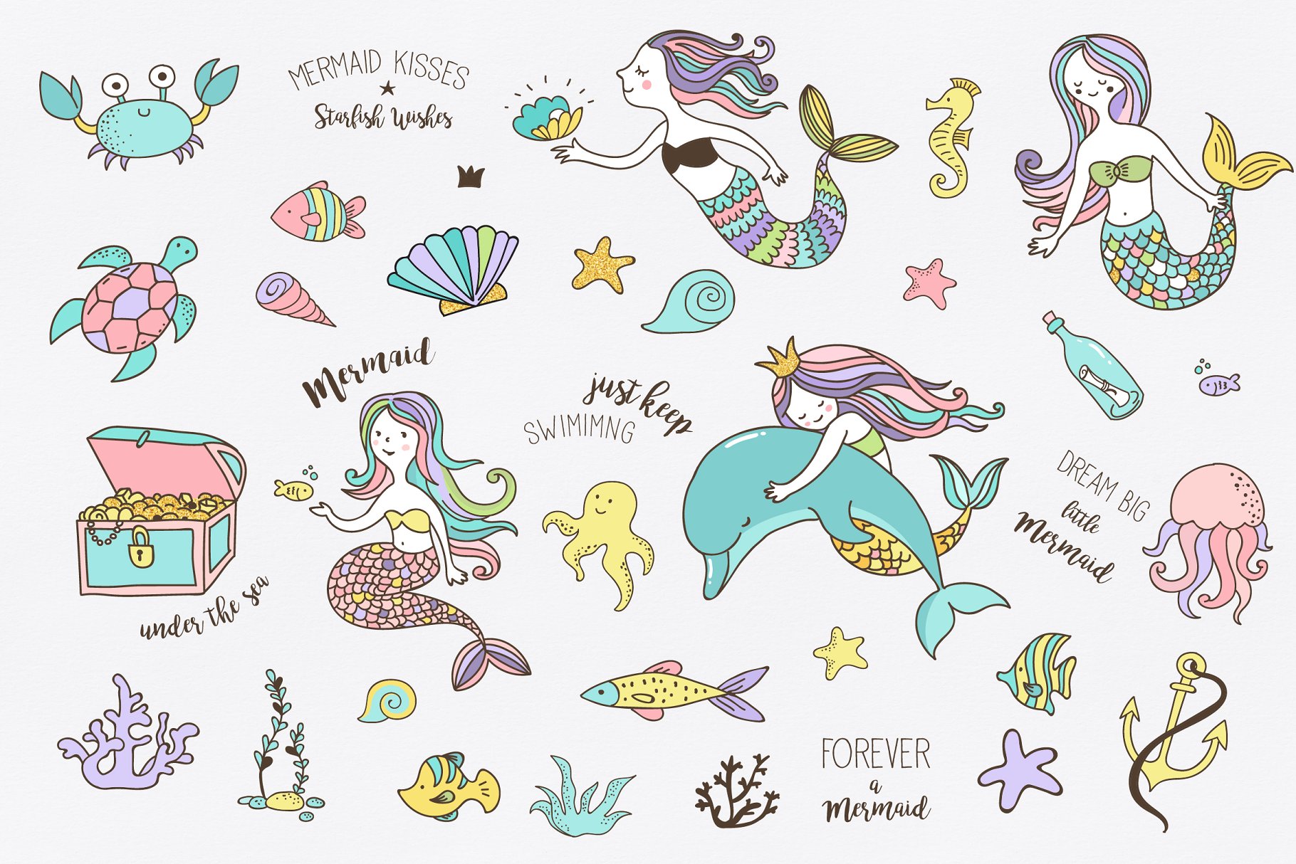 可爱的美人鱼卡通图形素材 Little Mermaid –