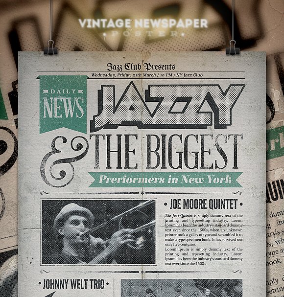 爵士经典报纸效果的海报模版 Jazz Vintage Ne