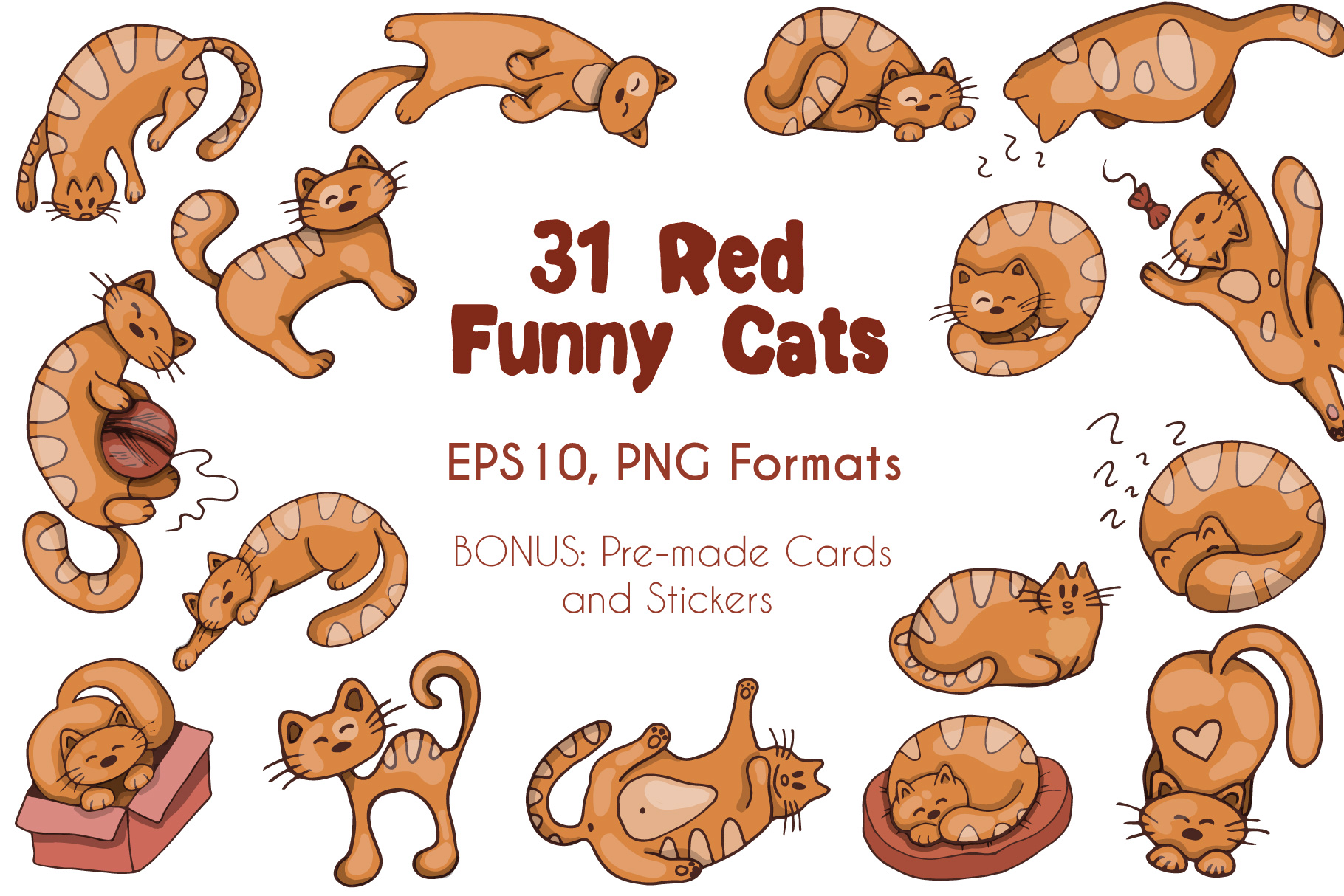 可爱有趣的小猫咪插画矢量图素材合集 Funny Red Ca