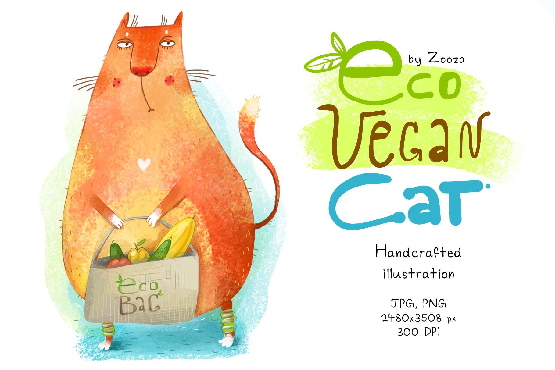 手绘生态环保素食猫咪插画素材 Eco Vegan Cat -