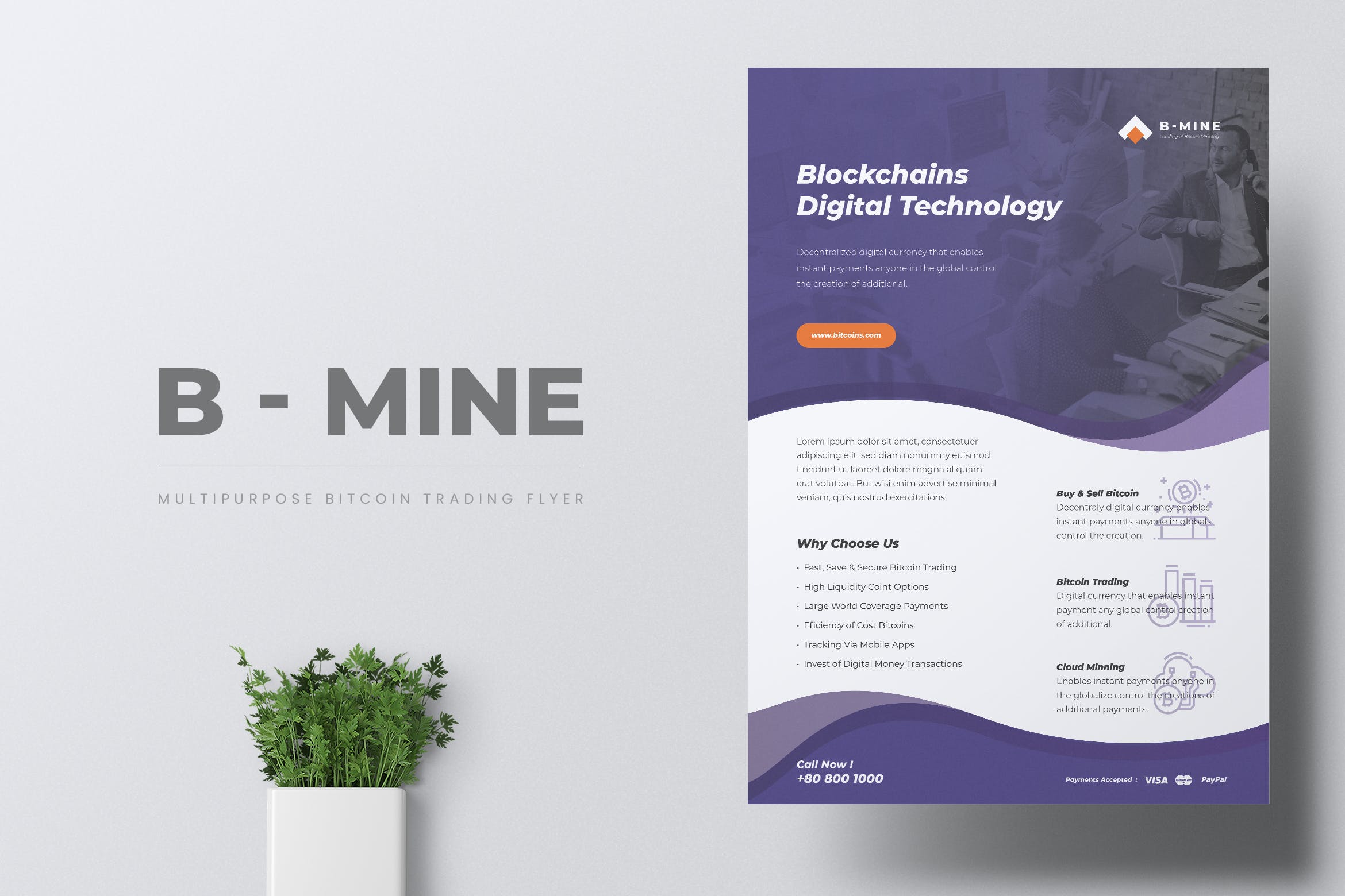 比特币交易平台推广传单海报设计模板 B-MINE Bitco