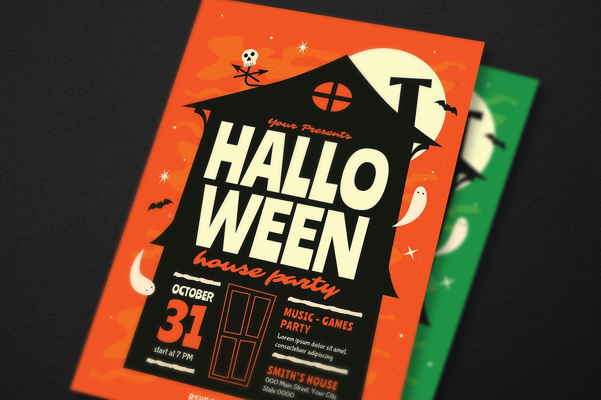 万圣节鬼屋派对活动海报设计模板 Halloween Hous