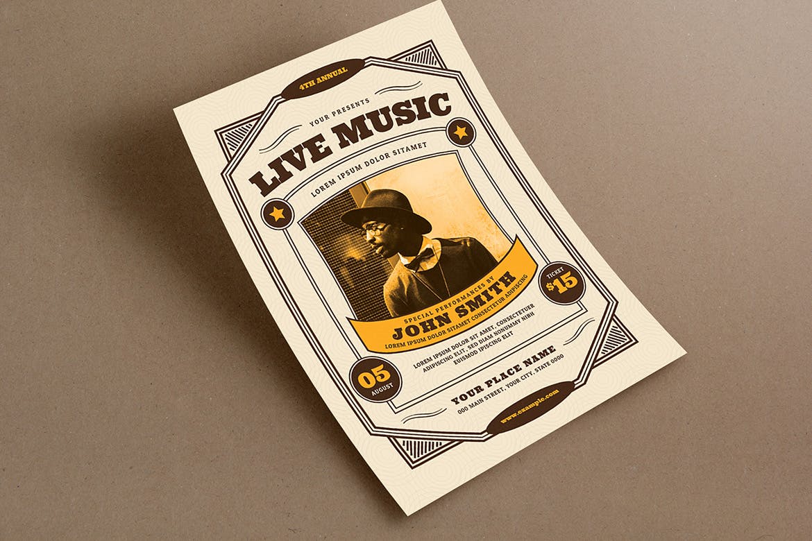 复古风格音乐演出活动海报传单设计模板 Vintage Liv