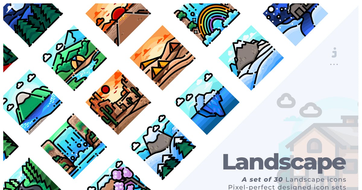 30枚风景景观矢量手绘方形图标素材 30 Landscape
