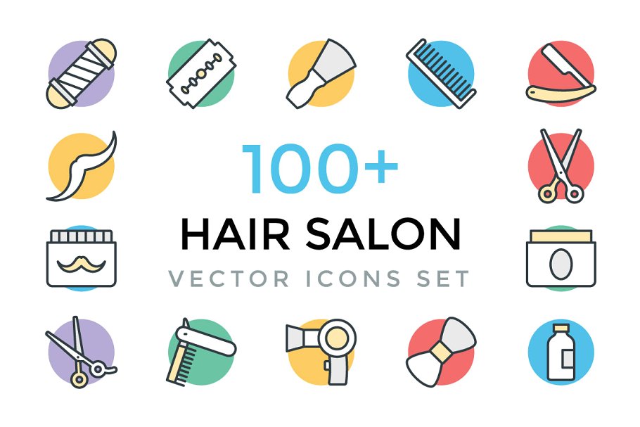 100 理发店矢量图标 100 Hair Salon Ve