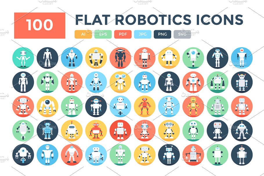 机器人矢量图标 100 Flat Robotics Vect